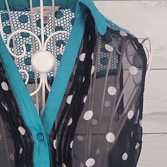Candies Polka Dot Sleeveless Top - Black and Teal Womens Size XS - Picture 4 of 11